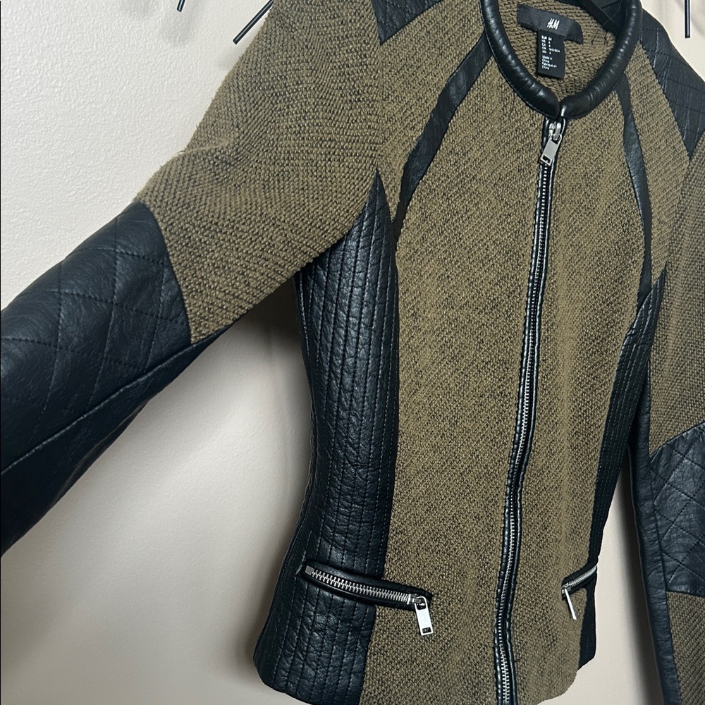 H&M Olive Green and Black Quilted Faux Leather Trim Moto Jacket - Picture 3 of 4